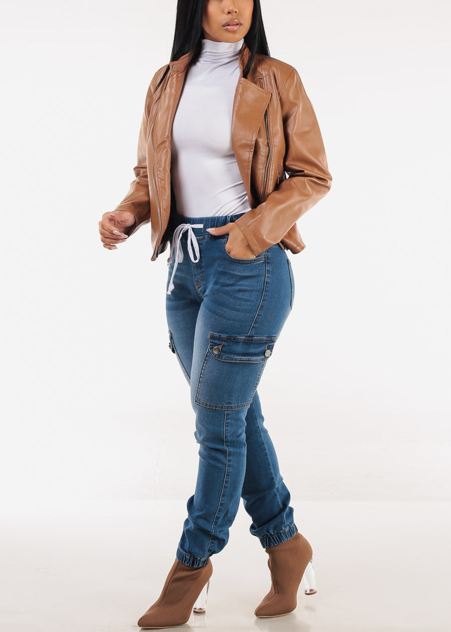 Zip Up Vegan Leather Moto Jacket Camel