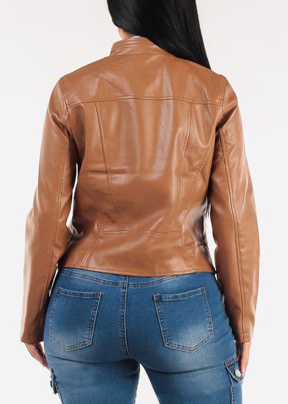 Zip Up Vegan Leather Moto Jacket Camel