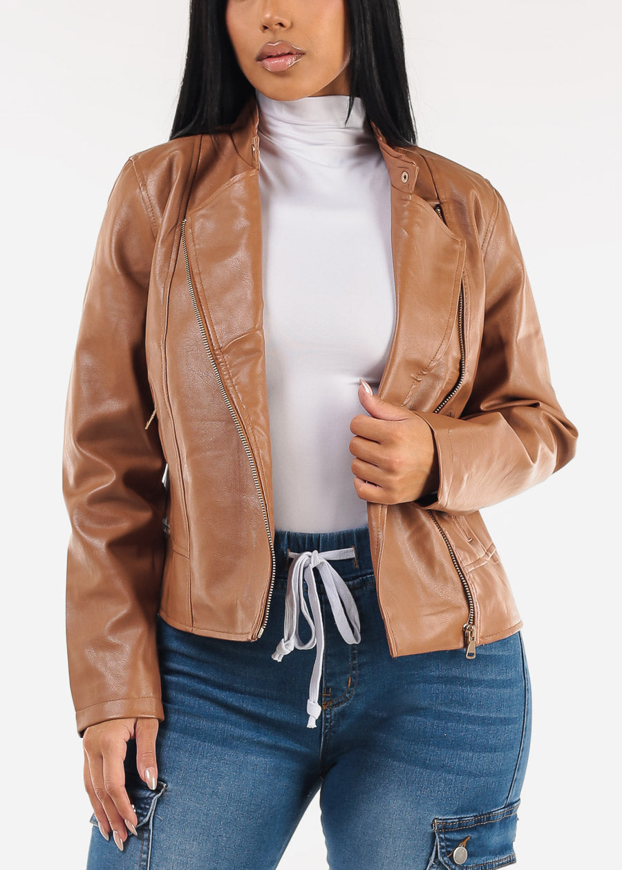 Zip Up Vegan Leather Moto Jacket Camel