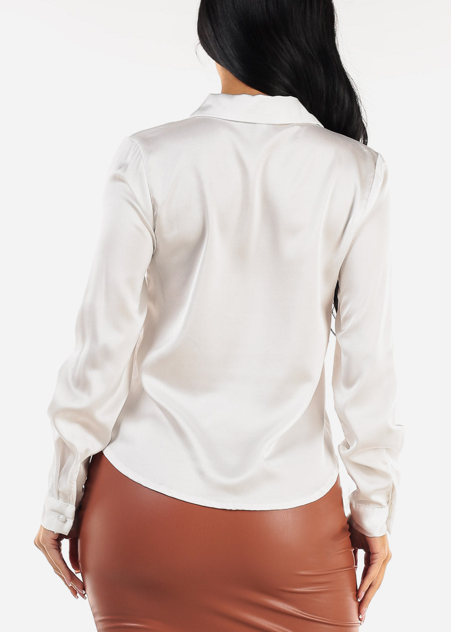 White Long Sleeve Satin Button Up Collared Blouse