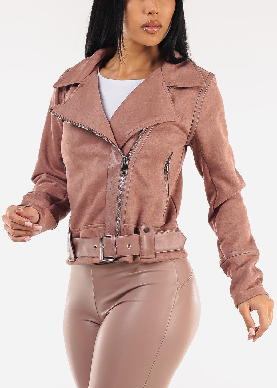 Long Sleeve Zip Up Suede Jacket Mauve w Belt
