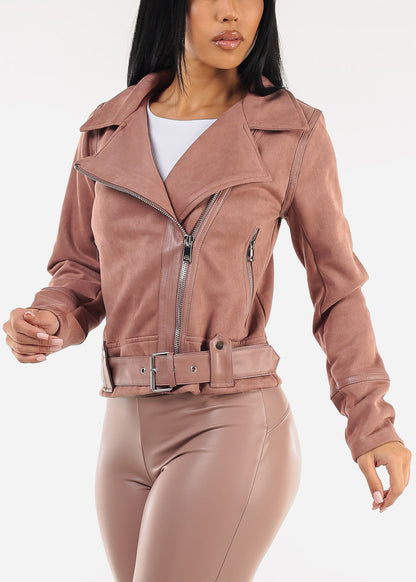 Long Sleeve Zip Up Suede Jacket Mauve w Belt