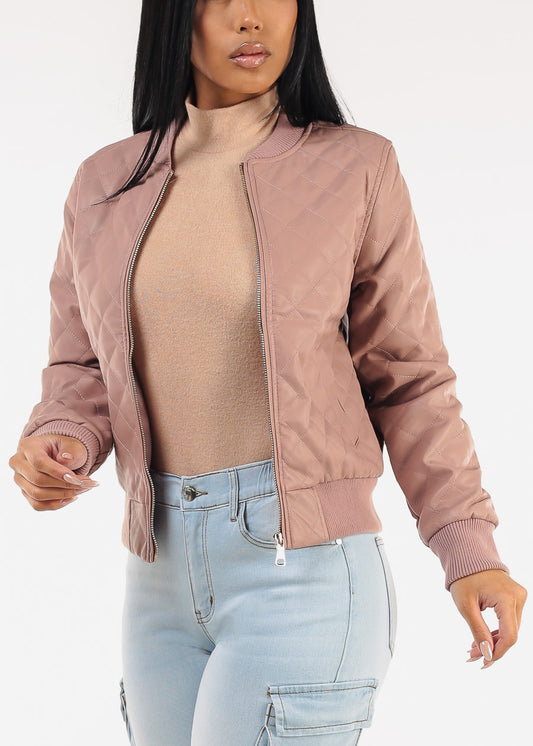 Quilted Vegan Leather Zip Up Jacket Dusty Pink