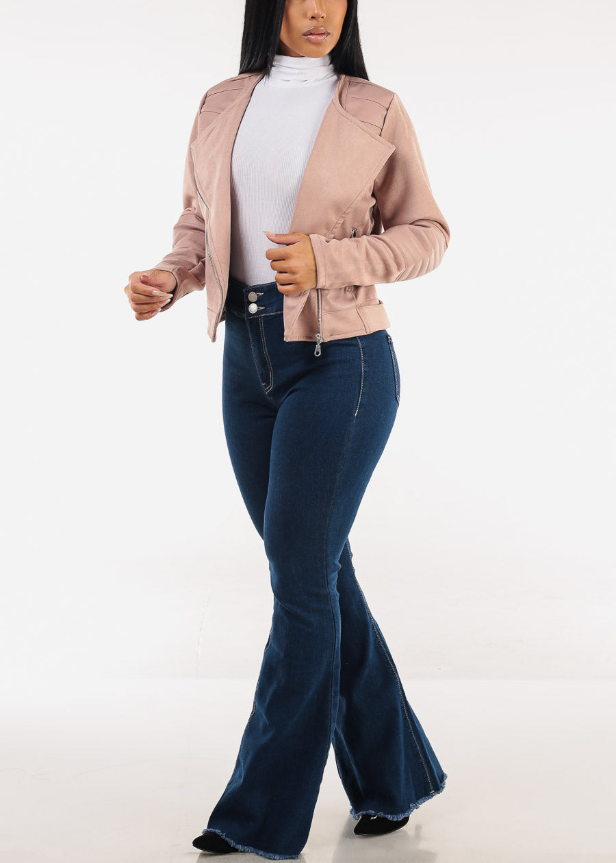 Zip Up Suede Biker Jacket Dusty Pink