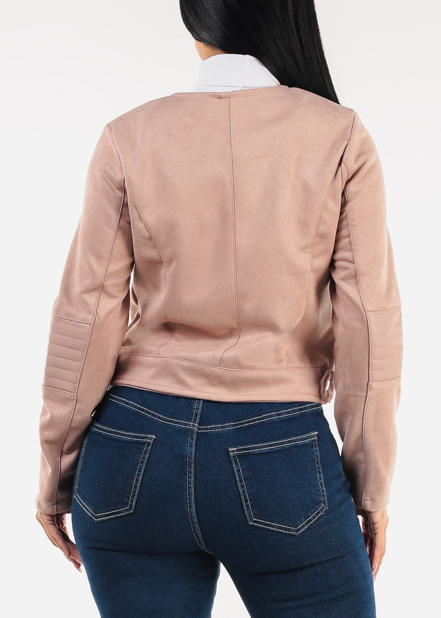 Zip Up Suede Biker Jacket Dusty Pink