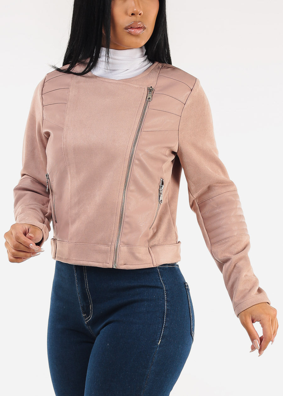 Zip Up Suede Biker Jacket Dusty Pink