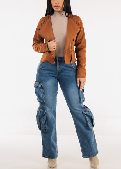 Long Sleeve Zip Up Suede Moto Jacket Camel