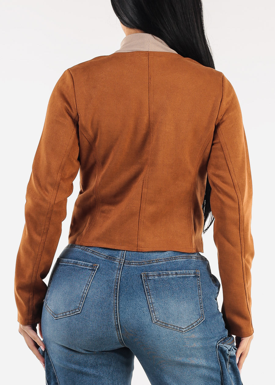 Long Sleeve Zip Up Suede Moto Jacket Camel