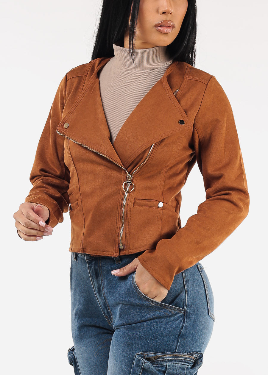 Long Sleeve Zip Up Suede Moto Jacket Camel