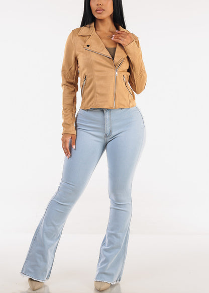 Zip Up Long Sleeve Suede Moto Jacket Khaki