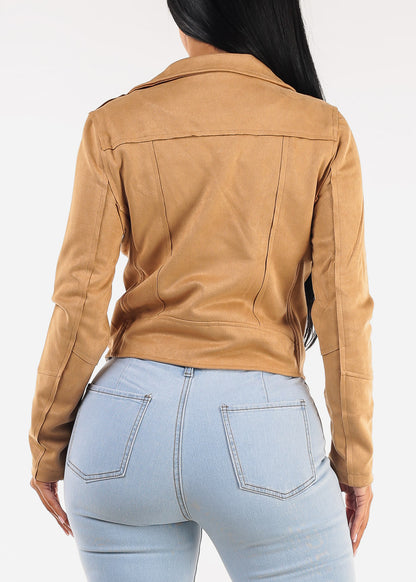 Zip Up Long Sleeve Suede Moto Jacket Khaki