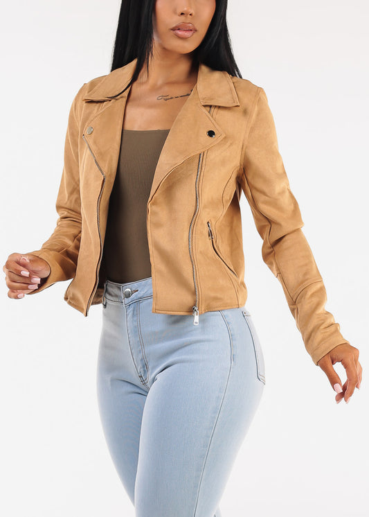 Zip Up Long Sleeve Suede Moto Jacket Khaki