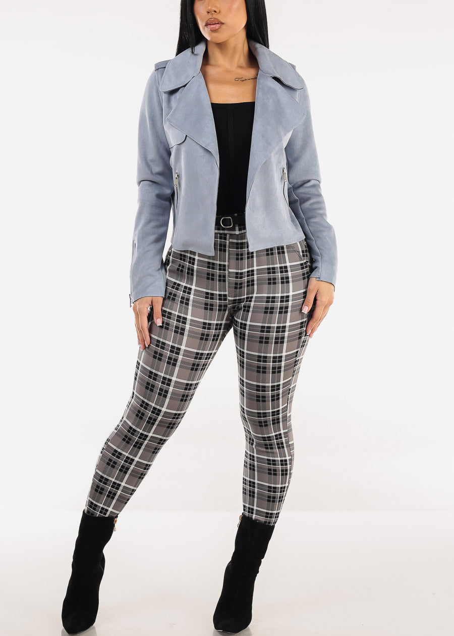 Long Sleeve Open Front Suede Moto Jacket Dusty Blue