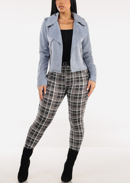 Long Sleeve Open Front Suede Moto Jacket Dusty Blue