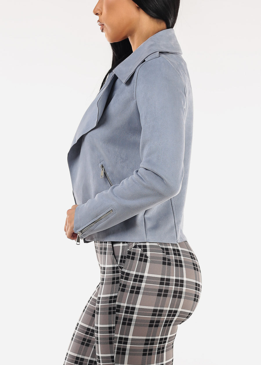 Long Sleeve Open Front Suede Moto Jacket Dusty Blue