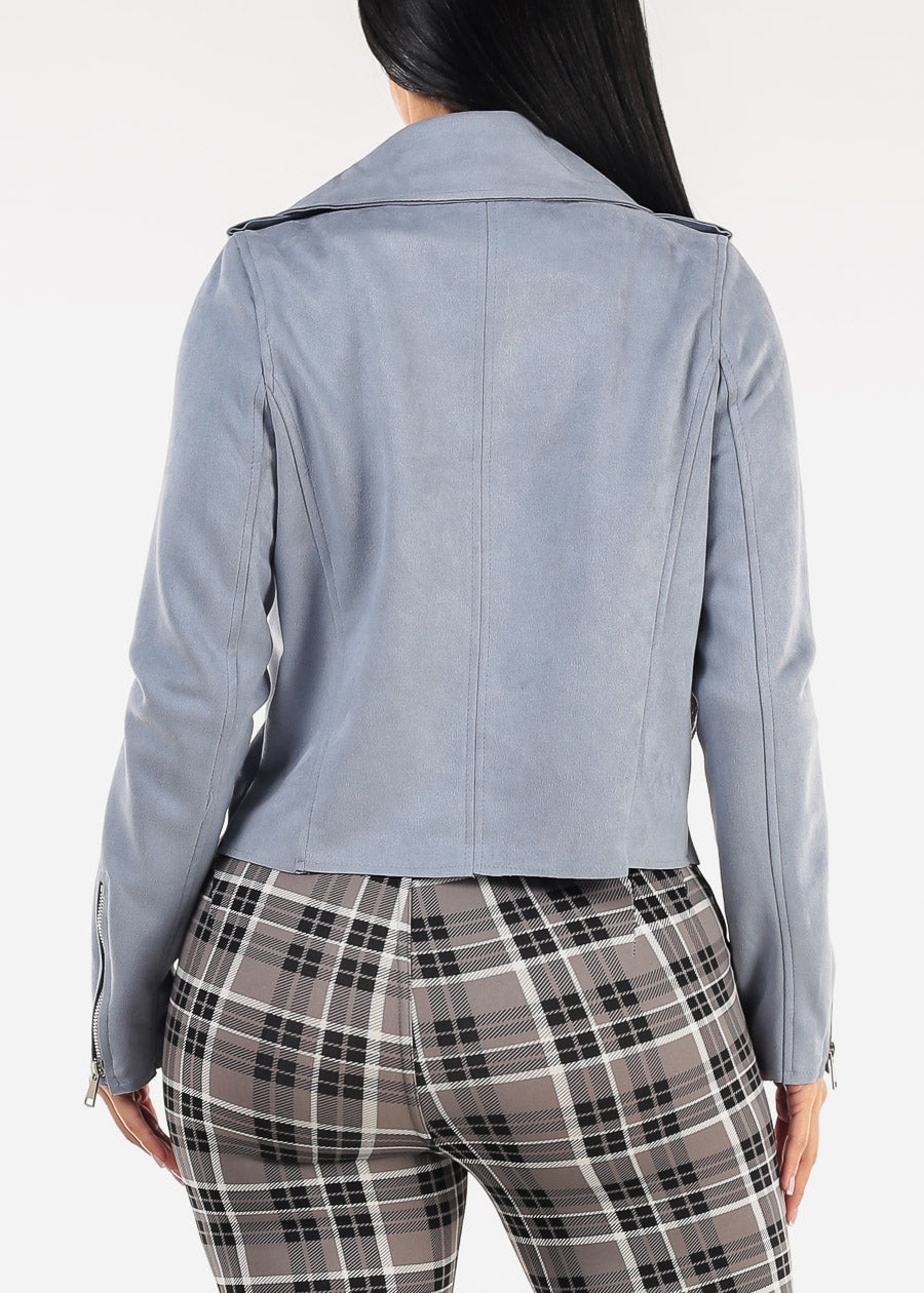 Long Sleeve Open Front Suede Moto Jacket Dusty Blue