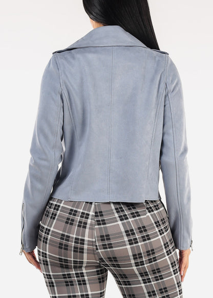 Long Sleeve Open Front Suede Moto Jacket Dusty Blue