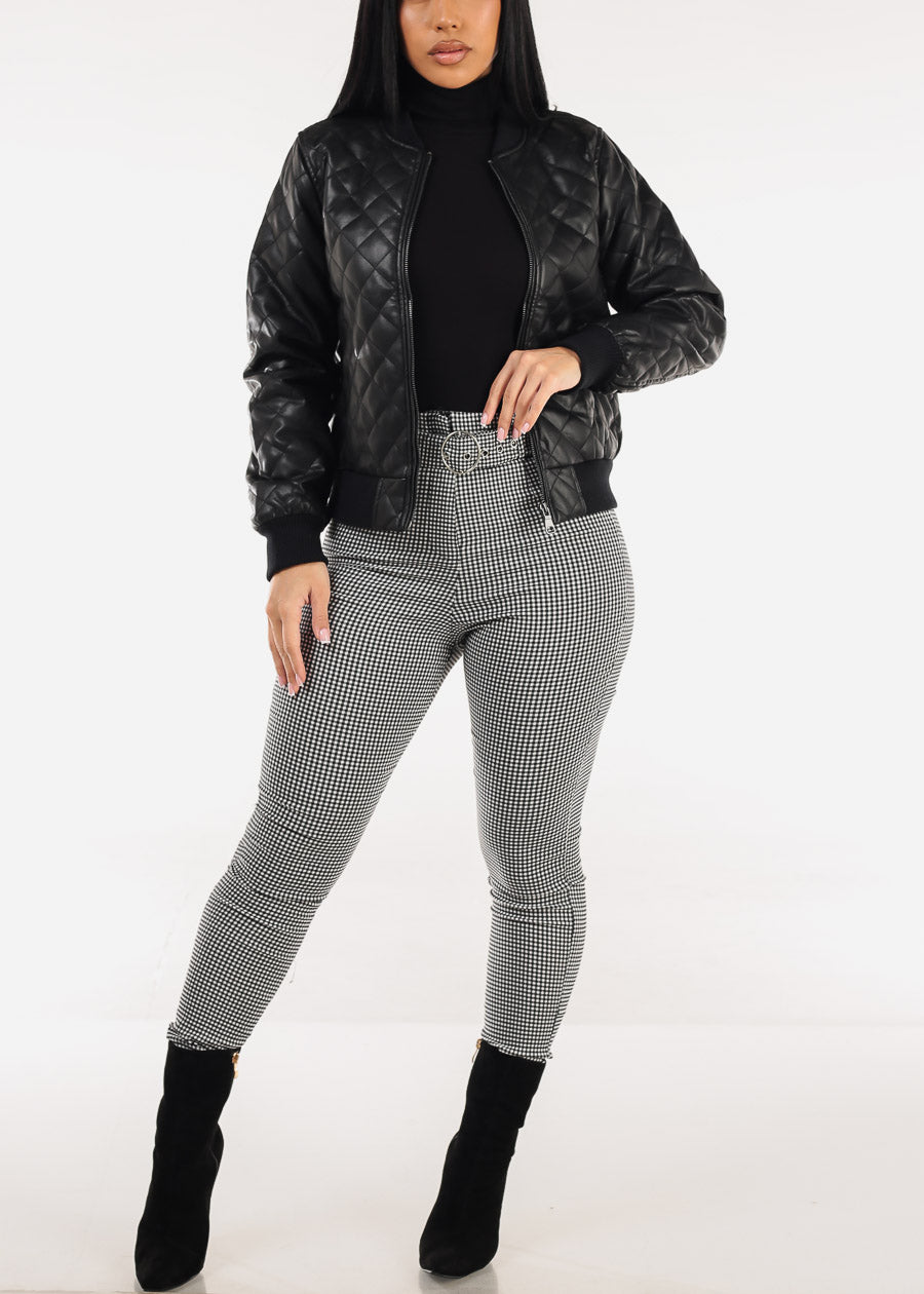Quilted Vegan Leather Zip Up Jacket Black
