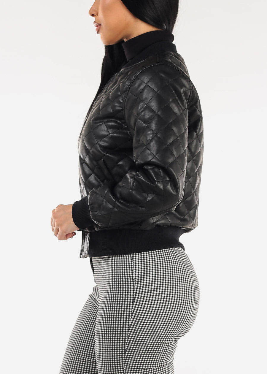 Quilted Vegan Leather Zip Up Jacket Black