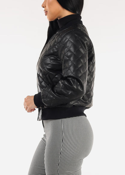 Quilted Vegan Leather Zip Up Jacket Black