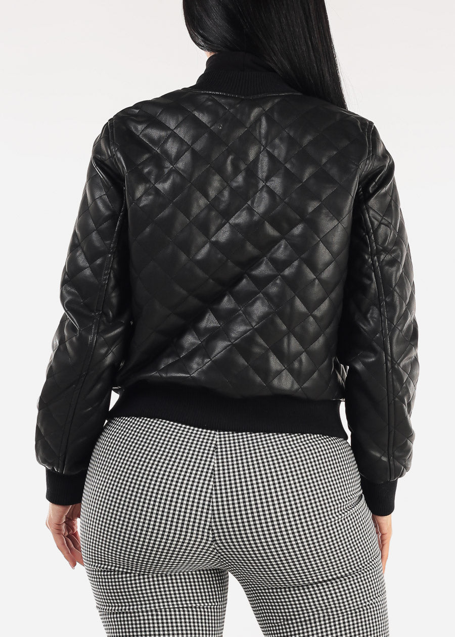 Quilted Vegan Leather Zip Up Jacket Black