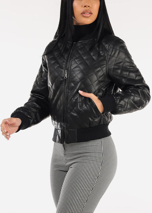 Quilted Vegan Leather Zip Up Jacket Black