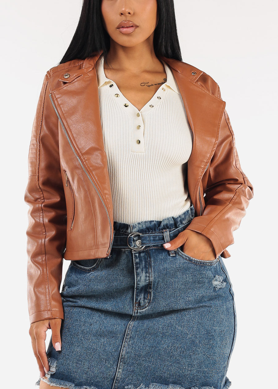 Zip Up Vegan Leather Moto Jacket Light Brown