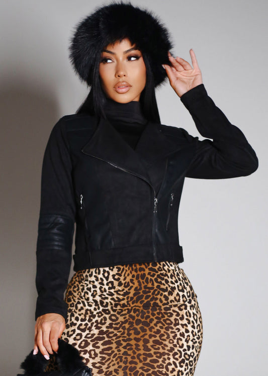 Zip Up Suede Biker Jacket Black