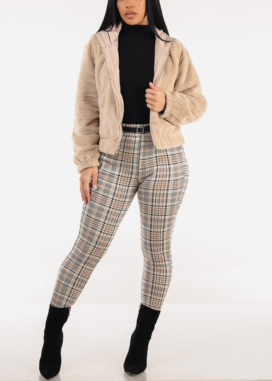 Reversible Faux Fur Zip Up Jacket Beige w Hoodie