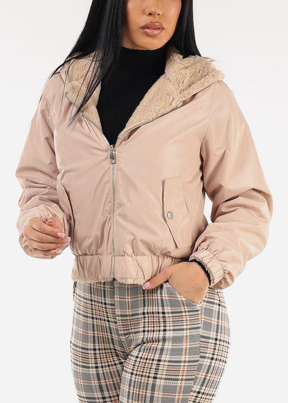 Reversible Faux Fur Zip Up Jacket Beige w Hoodie