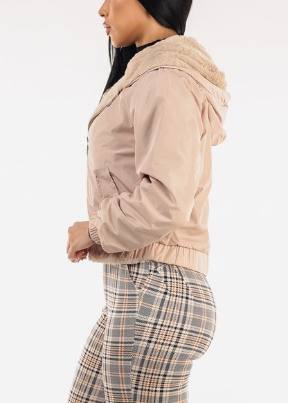 Reversible Faux Fur Zip Up Jacket Beige w Hoodie