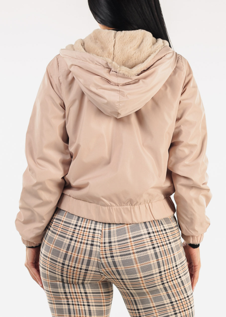 Reversible Faux Fur Zip Up Jacket Beige w Hoodie