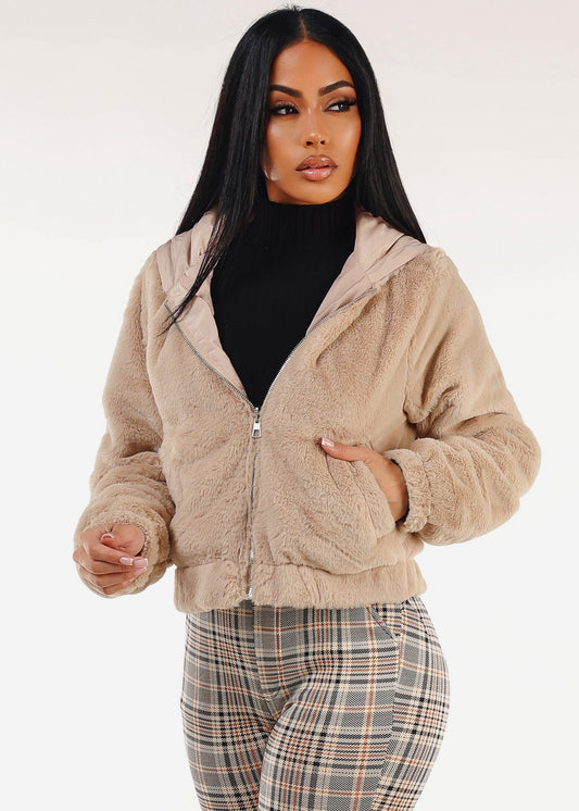Reversible Faux Fur Zip Up Jacket Beige w Hoodie