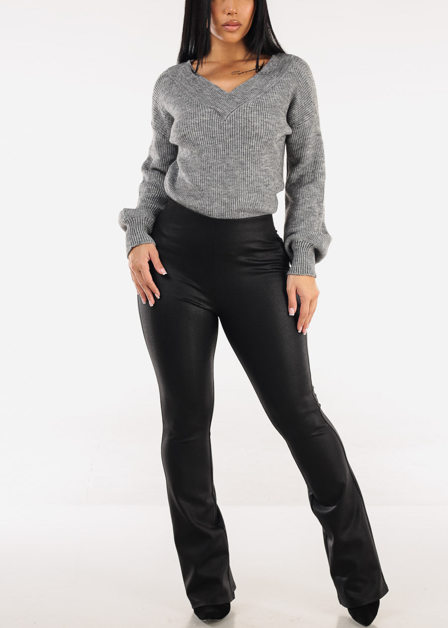 Long Sleeve Vneck Knitted Sweater Heather Grey