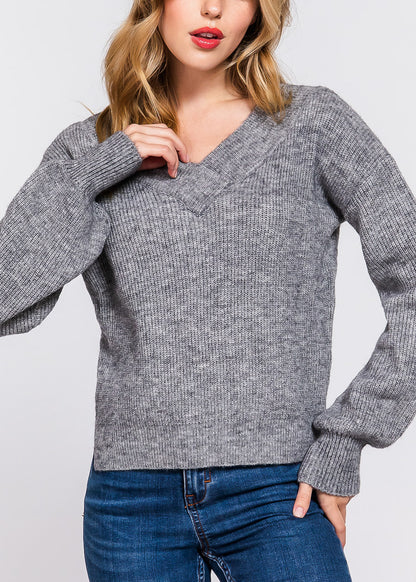 Long Sleeve Vneck Knitted Sweater Heather Grey