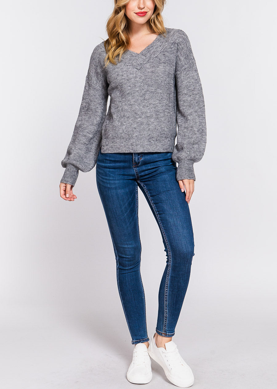 Long Sleeve Vneck Knitted Sweater Heather Grey