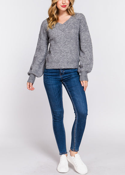 Long Sleeve Vneck Knitted Sweater Heather Grey