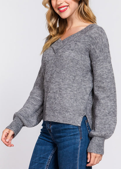 Long Sleeve Vneck Knitted Sweater Heather Grey