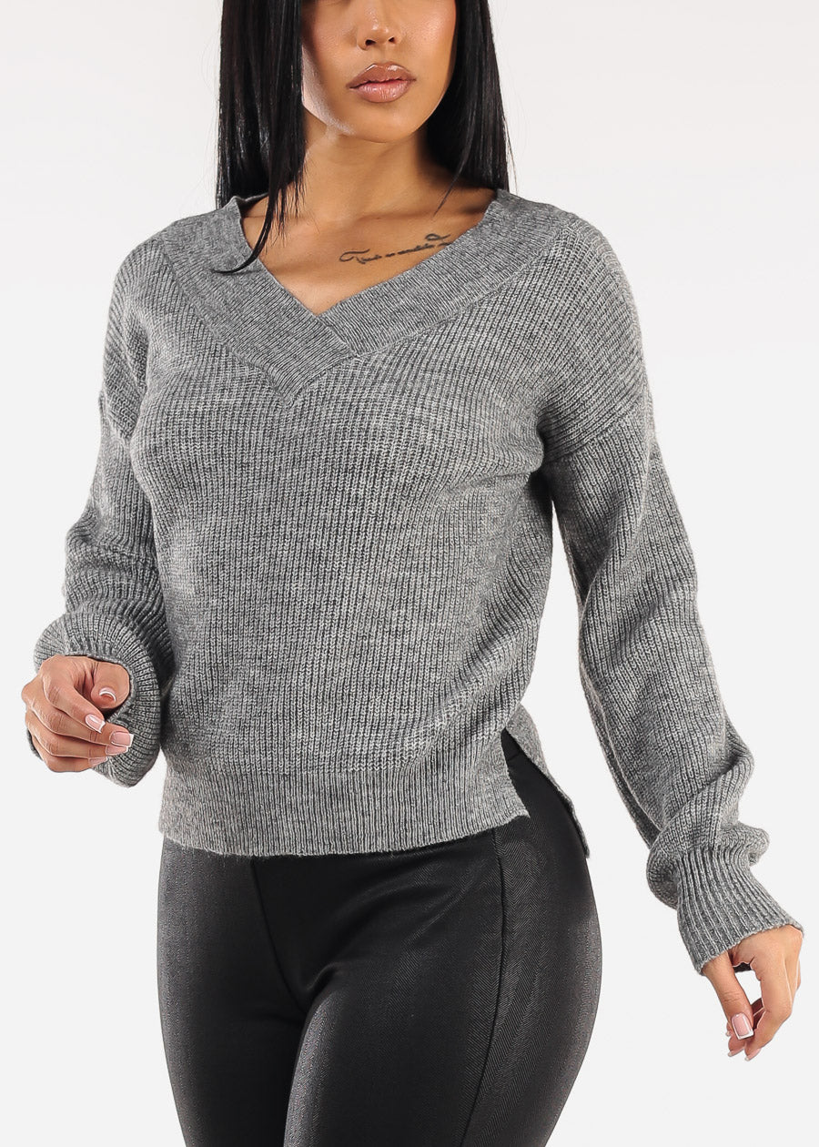 Long Sleeve Vneck Knitted Sweater Heather Grey