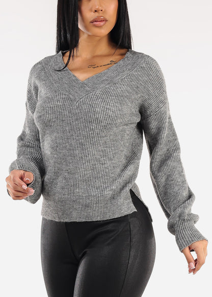 Long Sleeve Vneck Knitted Sweater Heather Grey