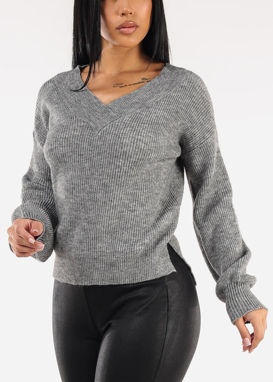 Long Sleeve Vneck Knitted Sweater Heather Grey