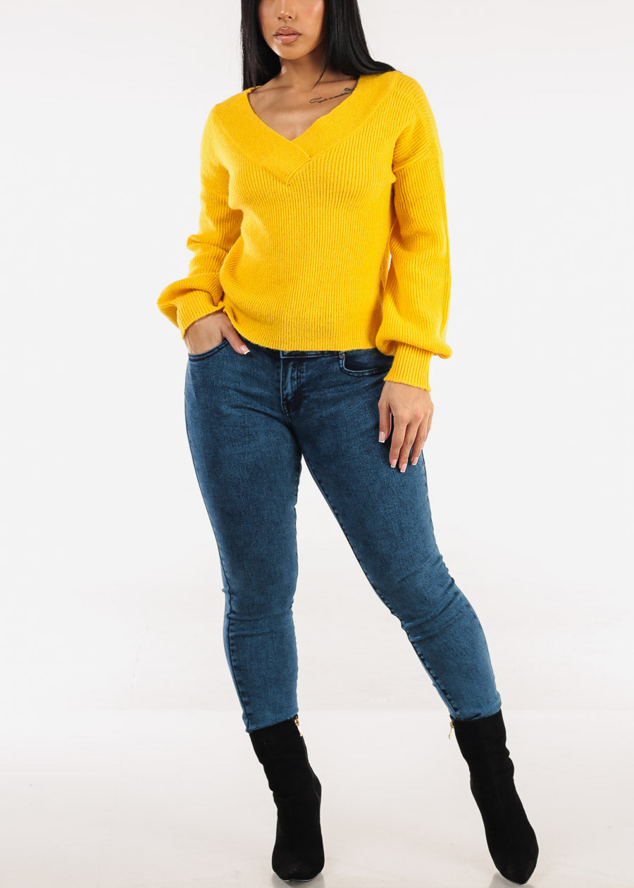 Long Sleeve Vneck Knitted Sweater Yellow