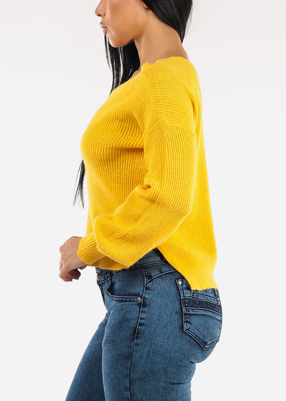 Long Sleeve Vneck Knitted Sweater Yellow