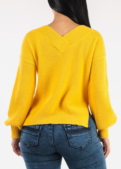 Long Sleeve Vneck Knitted Sweater Yellow