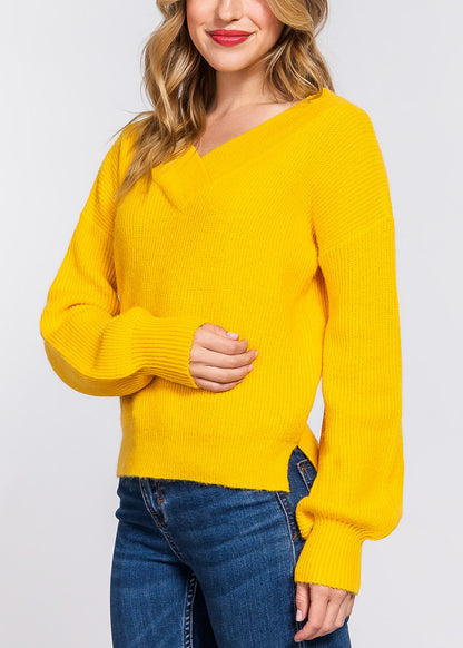 Long Sleeve Vneck Knitted Sweater Yellow
