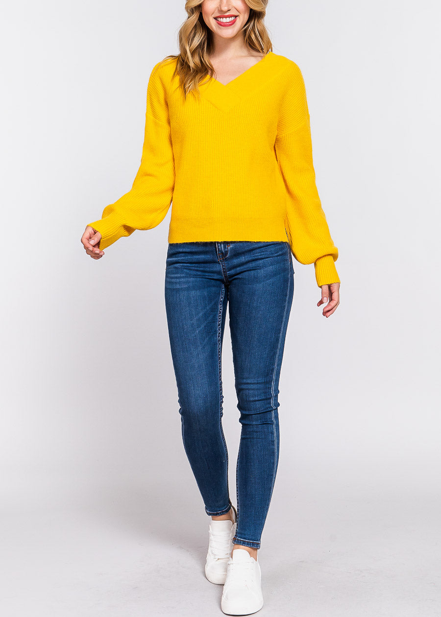 Long Sleeve Vneck Knitted Sweater Yellow