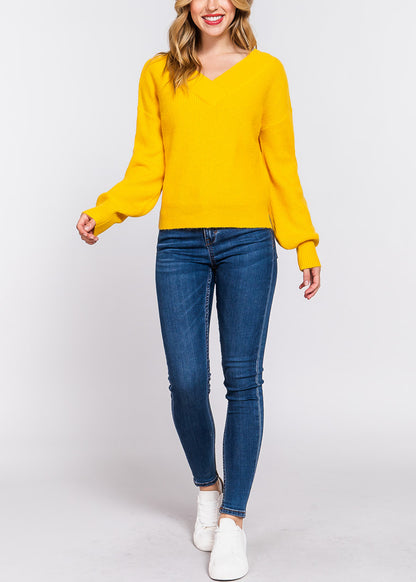Long Sleeve Vneck Knitted Sweater Yellow