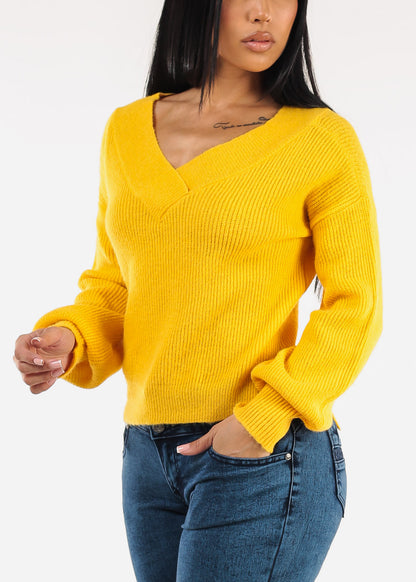 Long Sleeve Vneck Knitted Sweater Yellow