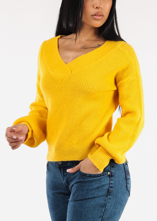 Long Sleeve Vneck Knitted Sweater Yellow