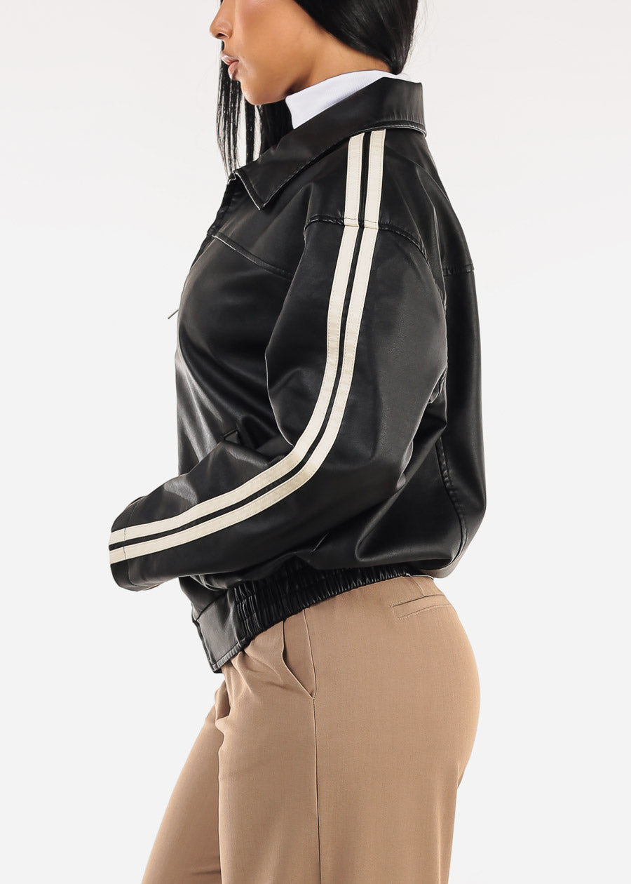 Long Sleeve Zip Up Vegan Leather Black Jacket